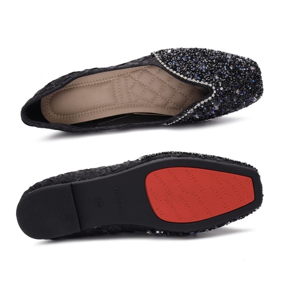 Women's Rhinestone  Square Ballet Flats Low Heel Women Wedding 7.5 Black - Picture 6 of 10